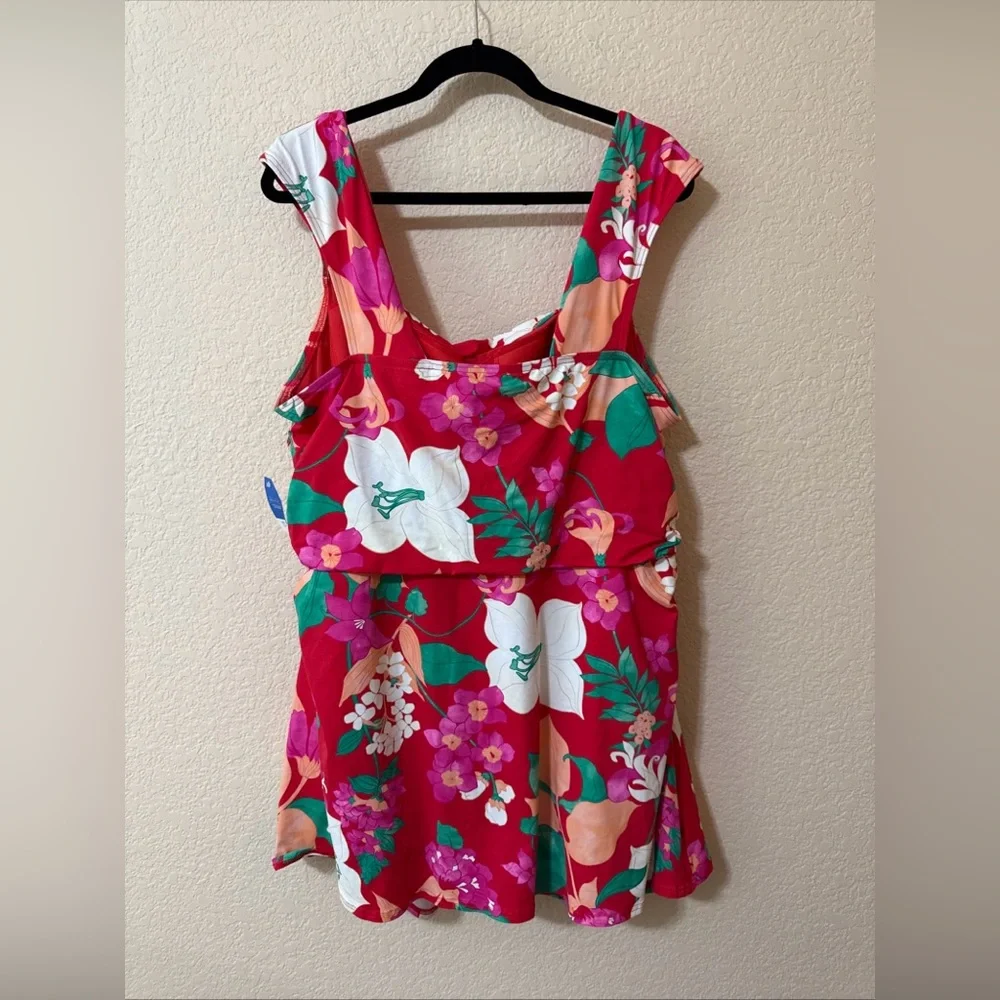 Lands 'End‎ 26W Smoothing Square Neck Ruched Swim Suit Dress Coral Rose Lilies